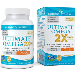 Nordic Naturals, Ultimate Omega 2X Mini с D3, 1120 мг, 60 мягких капсул