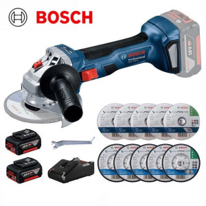 Угловая шлифовальная машина Bosch GWS 180-Li + два комплекта насадок, два аккумулятора, зарядное устройство