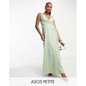 Атласное платье макси с запахом и завязками ASOS DESIGN Petite Bridesmaids шалфейного цвета