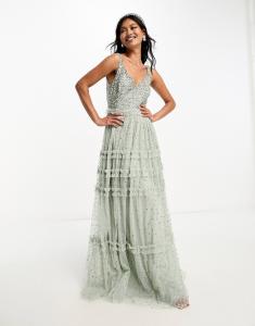 Платье макси из тюля Maya Bridesmaid с нежными пайетками в тон и пышной юбкой цвета шалфейно-зеленого цвета