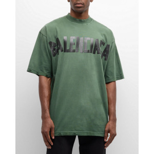 Мужская потертая футболка с логотипом на ленте Balenciaga, цвет 3004 Dark Green