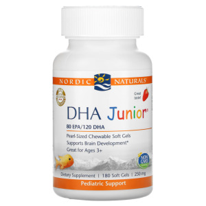 Nordic Naturals DHA Junior отлично подходит для детей от 3 лет, клубника, 250 мг, 180 мягких таблеток (62,5 мг на мягкую гель)