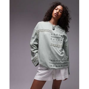 Topshop — плиссированный топ с длинными рукавами, связанный крючком Faded Sage