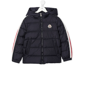 Moncler Enfant пуховик с капюшоном и нашивкой-логотипом, синий