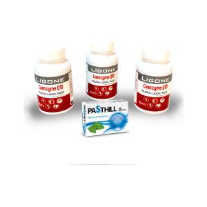 Пищевая добавка Ligone Coenzyme Q10, 45 капсул + Леденцы от боли в горле LedaPharma Pasthill Menthol & Eucalyptus 24 Pieces Bosphorus Pastille