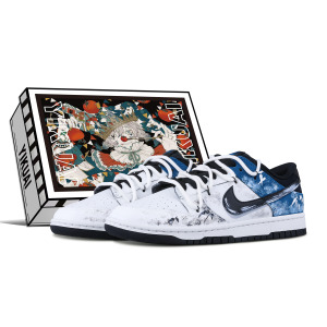 Кроссовки Nike Dunk Skateboarding Shoes Men Low-top White/Gray/Blue, цвет Ink painting of the National Dynasty