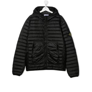 Пуховик с капюшоном и нашивкой-логотипом Stone Island Junior, черный