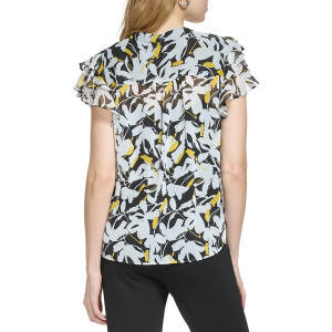 Блуза DKNY Short Sleeve Button Front Pleated Blouse, цвет Black/Pop Yellow Multi