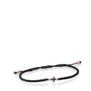 Браслет Tous Motif Cross In Rose Silver Vermeil With Spinels And Black Cord, черный