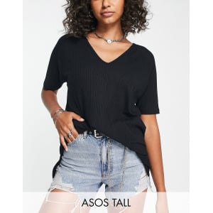 Черная футболка оверсайз с v-образным вырезом в рубчик ASOS DESIGN Tall