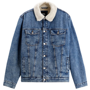 Джинсовая куртка с подкладкой из искусственной овчины Zara, синий/белый –заказать по выгодной цене из-за рубежа в «CDEK.Shopping»