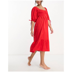 Красное текстурированное пляжное летнее платье миди с пышными рукавами Accessorize