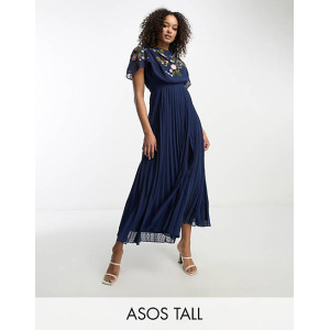 Темно-синее платье миди со складками и вышивкой спереди ASOS DESIGN Tall