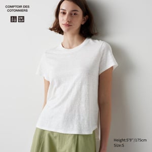 Футболка с круглым вырезом из 100% льна UNIQLO, белый