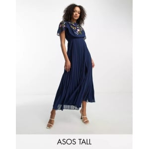 Темно-синее платье миди в горошек со складками и вышивкой ASOS DESIGN Tall