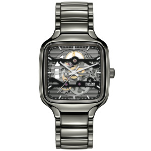 Унисекс Швейцарские автоматические часы True Square Skeleton серого цвета из высокотехнологичной керамики с браслетом 38 мм Rado