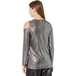 Топ Michael Kors Foil Rib Long Sleeve Cold-Shoulder Top, черный/серебряный