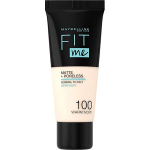 Тональный крем Maybelline Fit Me Матовый и беспористый, с полным покрытием, растушевываемый для нормальной и жирной кожи, 100 Теплый цвет слоновой кости, 30 мл, Maybelline New York