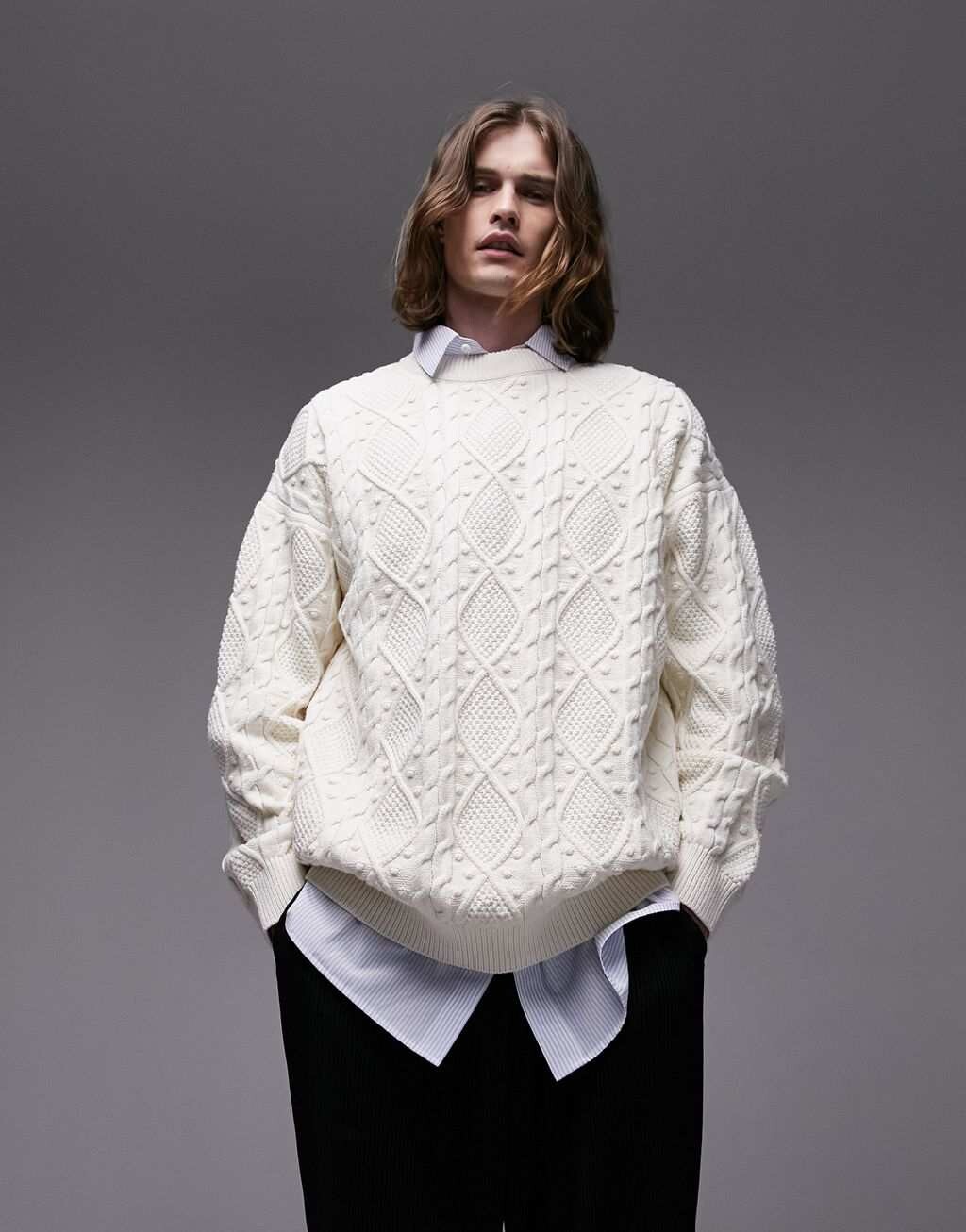 

Бежевый джемпер косой вязки с несколькими стежками Topman
