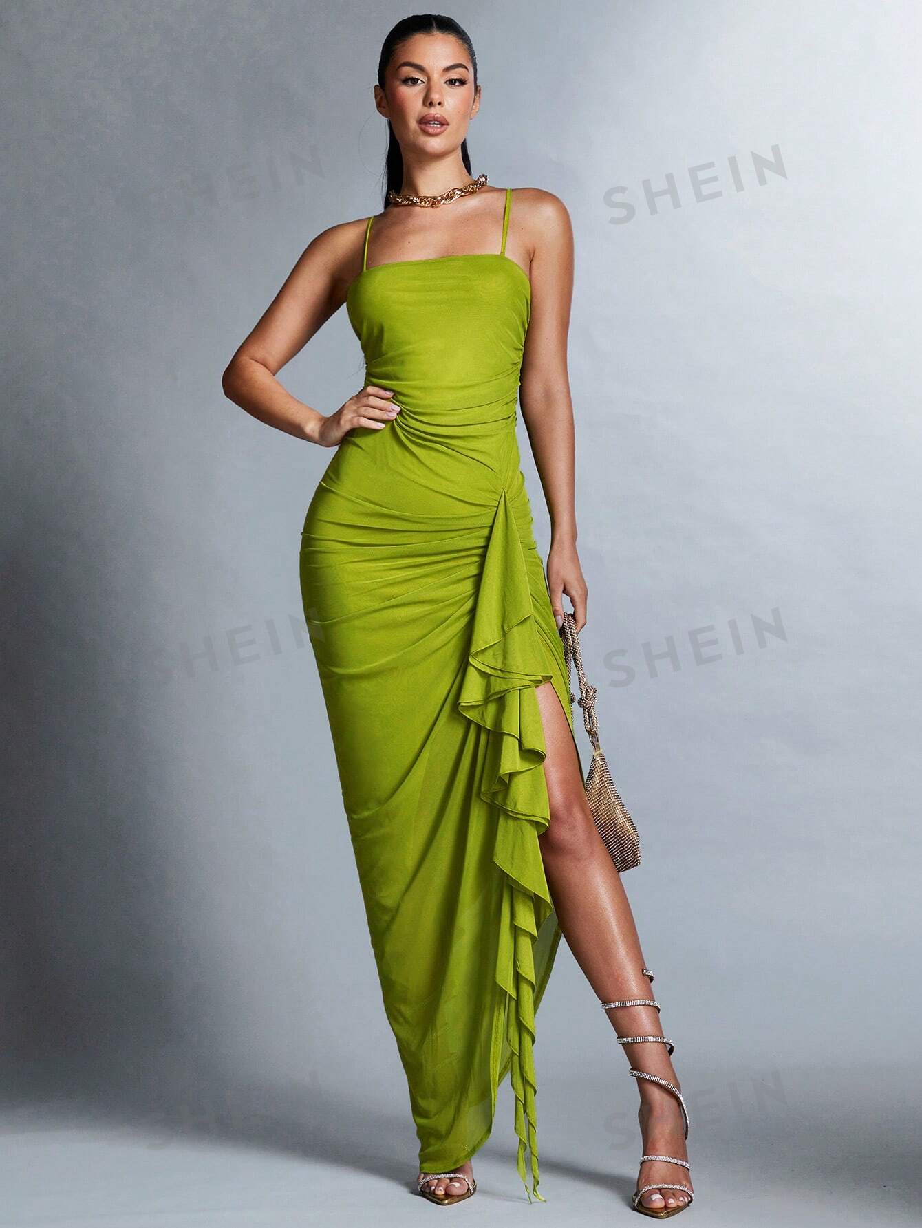SHEIN BAE Женское однотонное плиссированное платье с воротником-халтер, зеленый