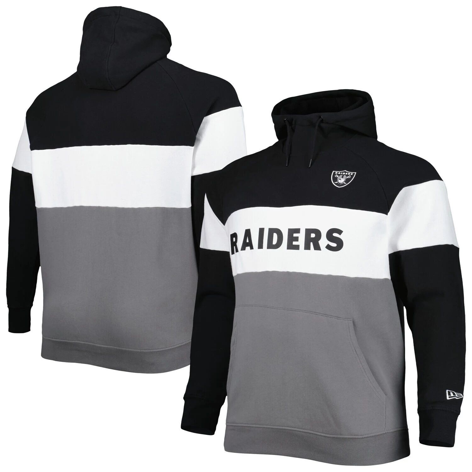 

Мужской черный/серебристый флисовый пуловер с капюшоном Las Vegas Raiders Big & Tall Current Team с цветными блоками New Era