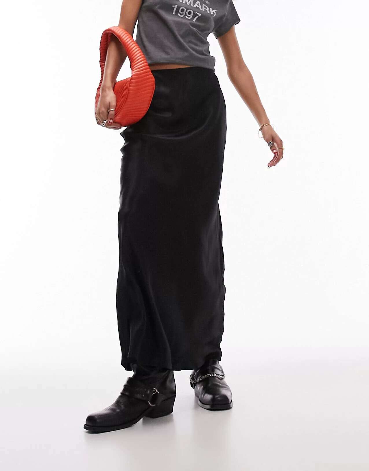 Черная атласная юбка макси с косой косой отделкой Topshop