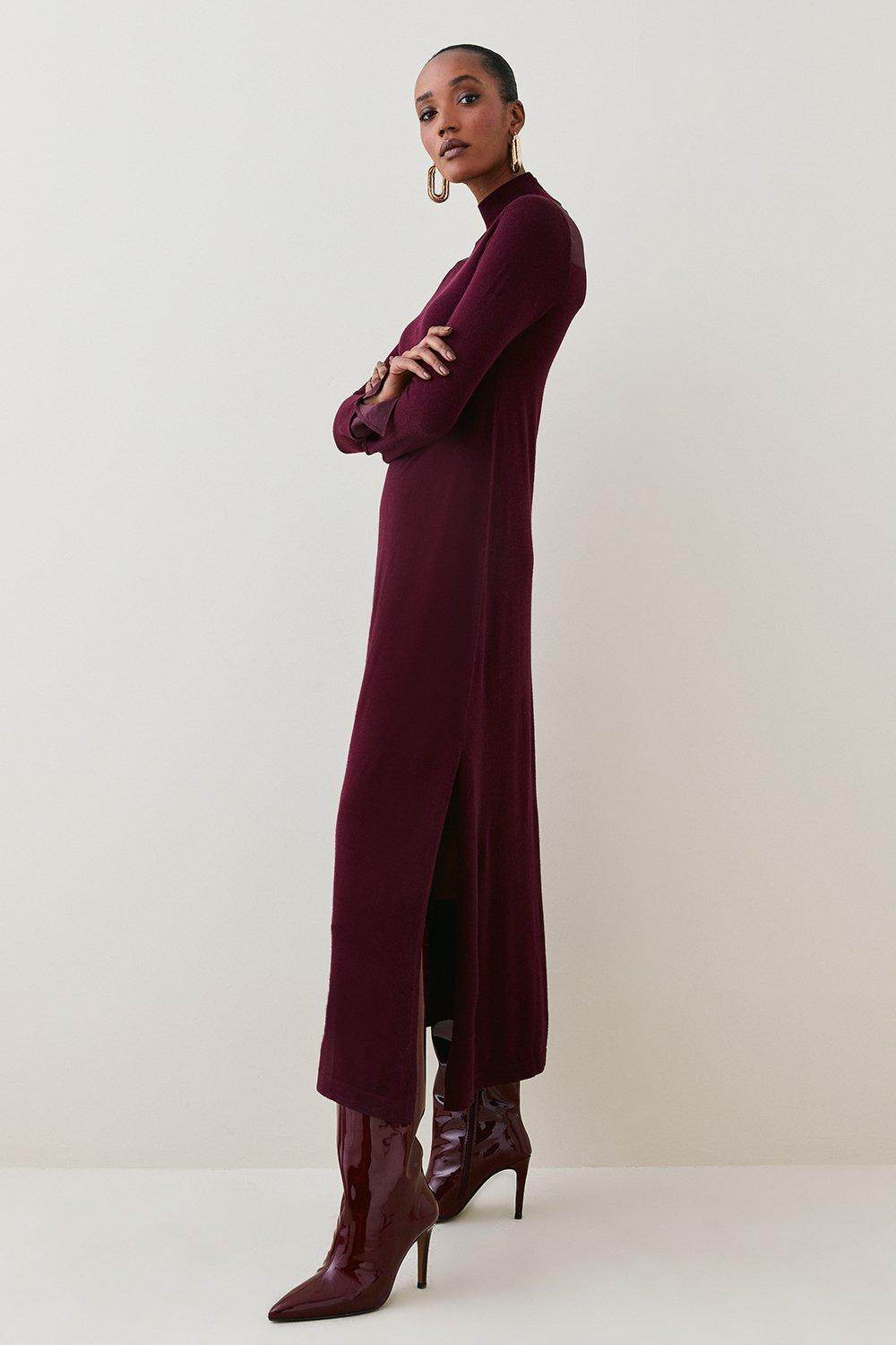 Трикотажное платье макси из мериносовой шерсти и шелковых манжет Karen Millen, красный фото