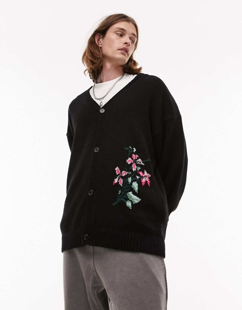 

Черный вязаный кардиган с цветочным принтом на спине Topman