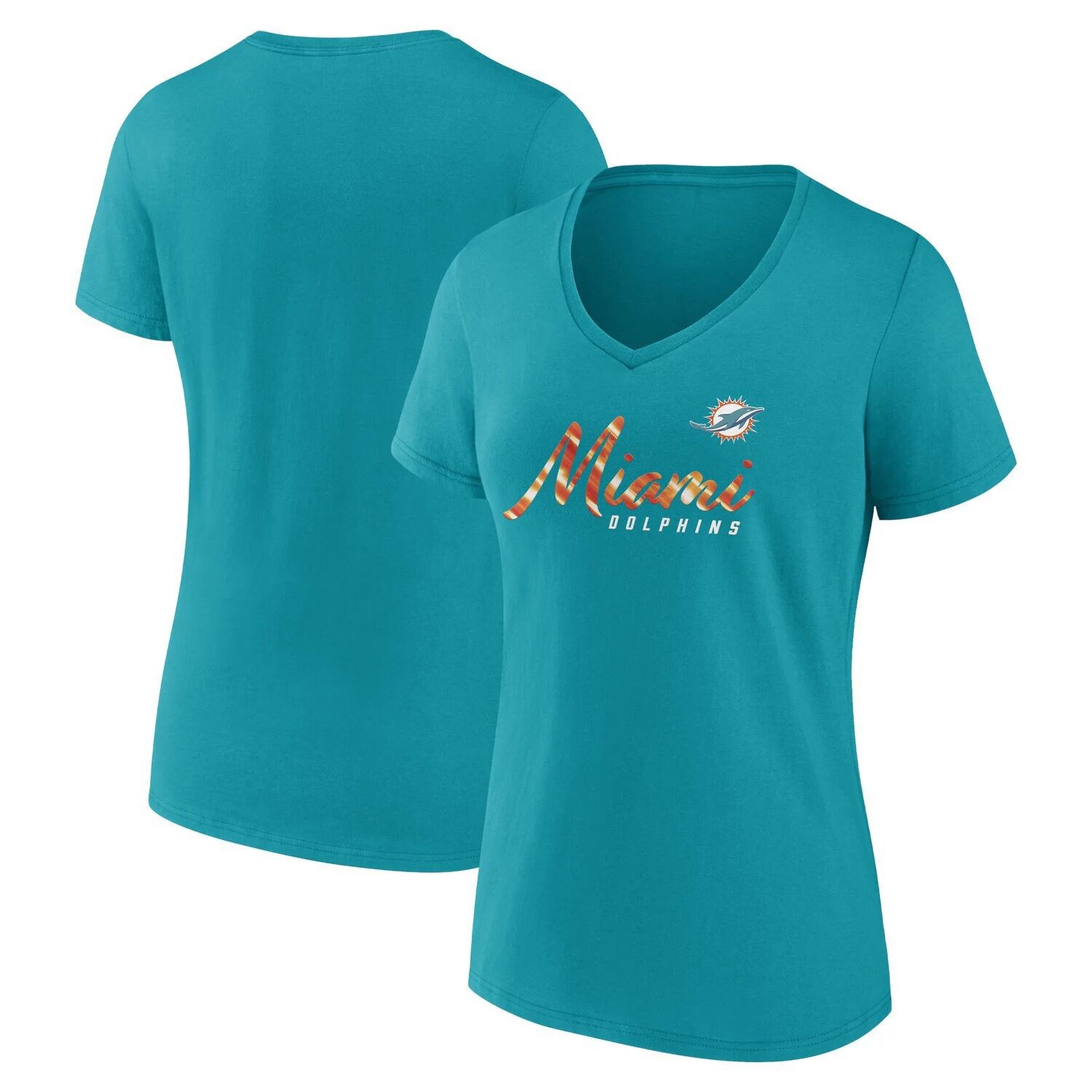 

Женская футболка Fanatics с v-образным вырезом и фирменным логотипом Aqua Miami Dolphins Shine Time Fanatics