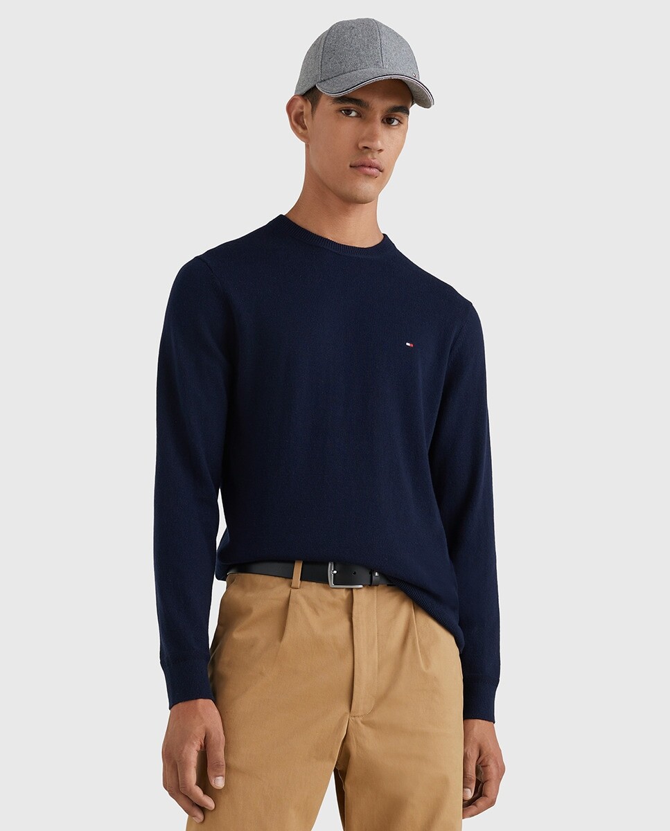 

Однотонный мужской свитер с круглым вырезом Tommy Hilfiger, темно-синий