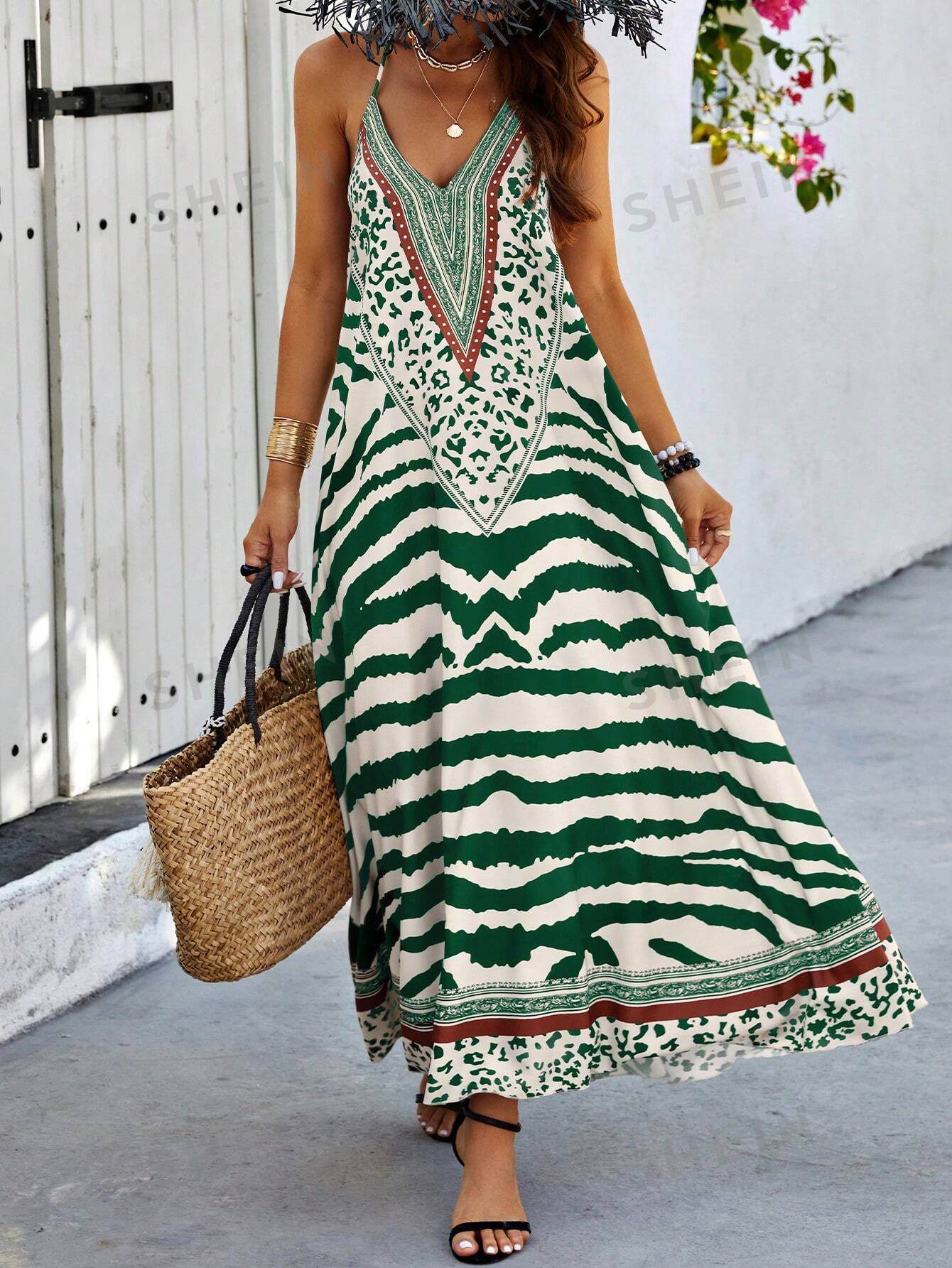 SHEIN VCAY Платье в стиле пэчворк с открытой спиной и вырезом через шею в случайном порядке, темно-зеленый