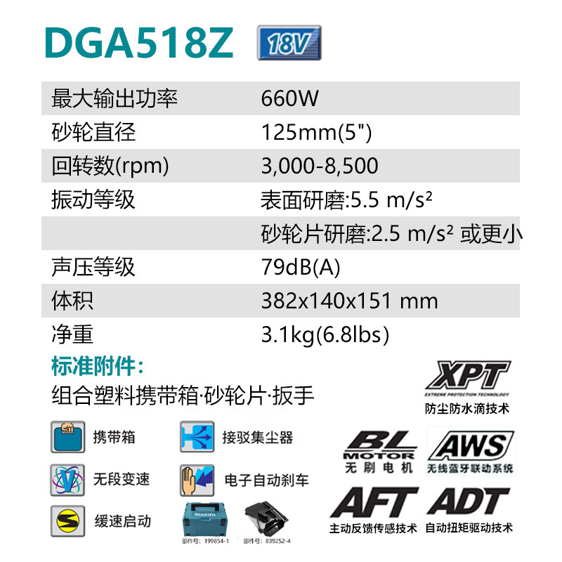 Угловая шлифовальная машина Makita DGA518Z, 660W