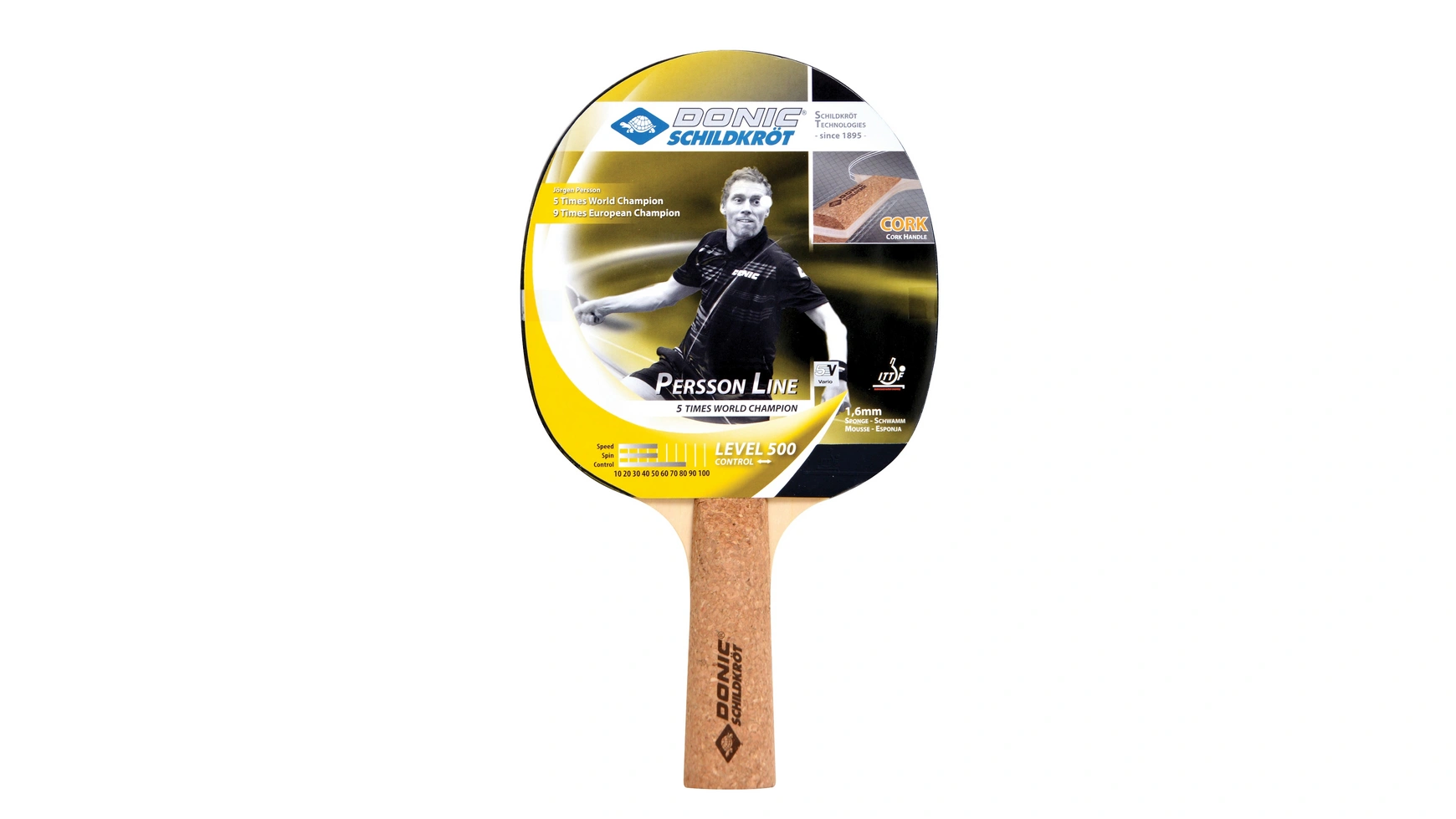 цена Donic Schildkröt Ракетка для настольного тенниса Persson 500, пробковая ручка, губка 1,6 мм, Elite резина ITTF