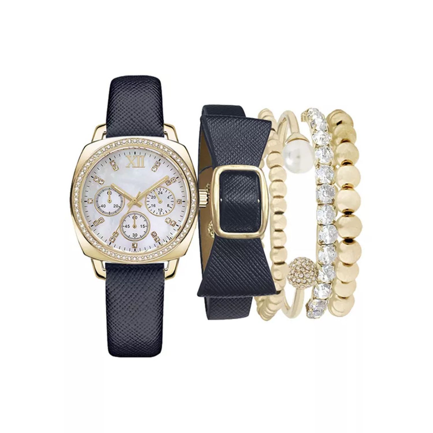 цена Женские часы-хронограф с темно-синим ремешком и комплект браслетов темно-синего и золотого тонов Jessica Carlyle