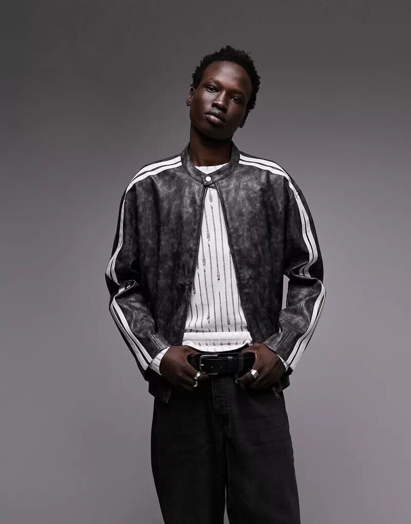 Черная байкерская куртка из искусственной кожи Topman