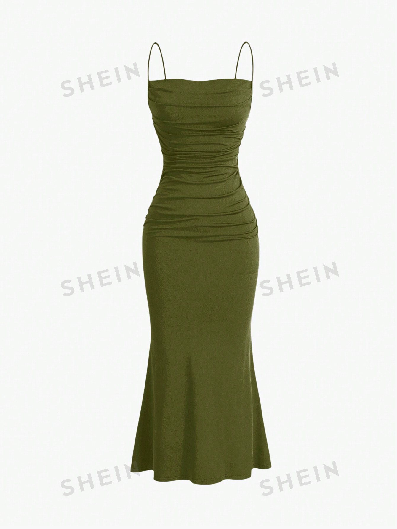 цена SHEIN MOD однотонное плиссированное платье с ремешками и подолом «рыбий хвост», армейский зеленый