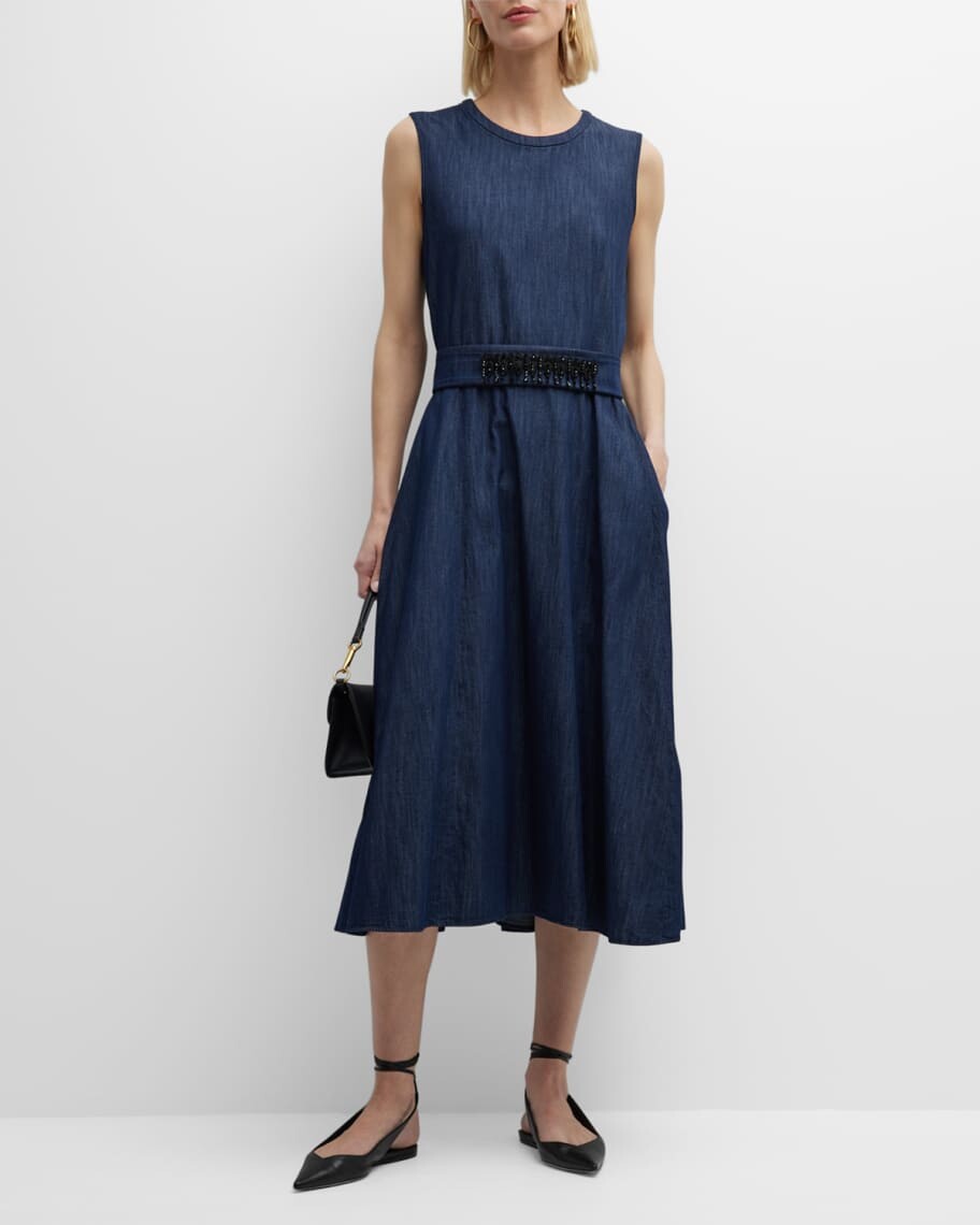 

Джинсовое платье миди без рукавов с поясом и стразами Gin Max Mara