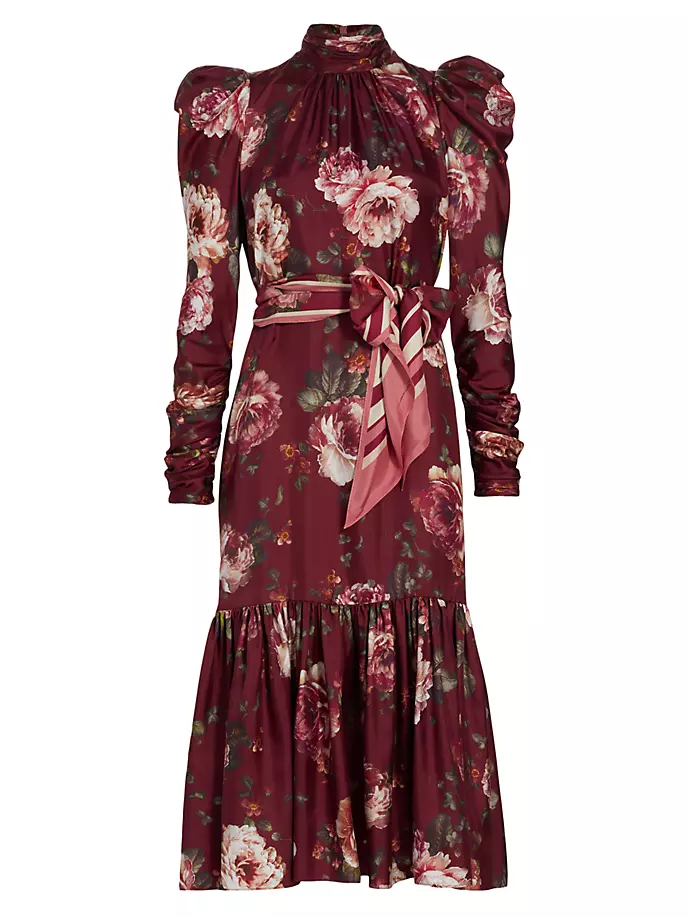 

Платье миди Luminosity со сборками и оборками Zimmermann, цвет burgundy floral print