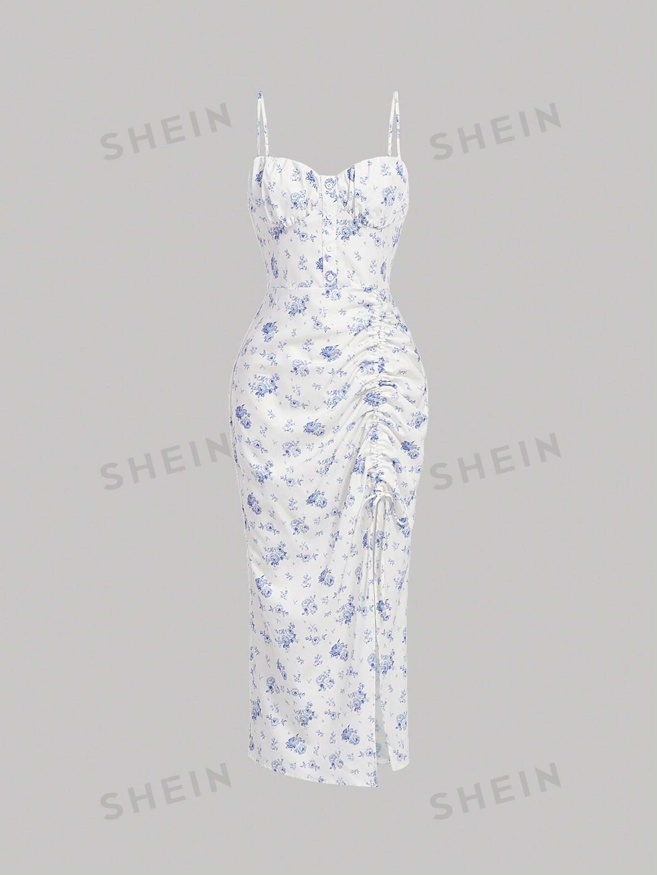 SHEIN MOD Женское винтажное сине-белое облегающее платье без бретелек с фарфоровым принтом, синий и белый