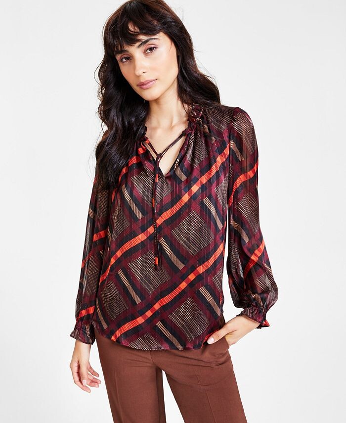 

Женский топ с рюшами и длинными рукавами в клетку Bar III, красный