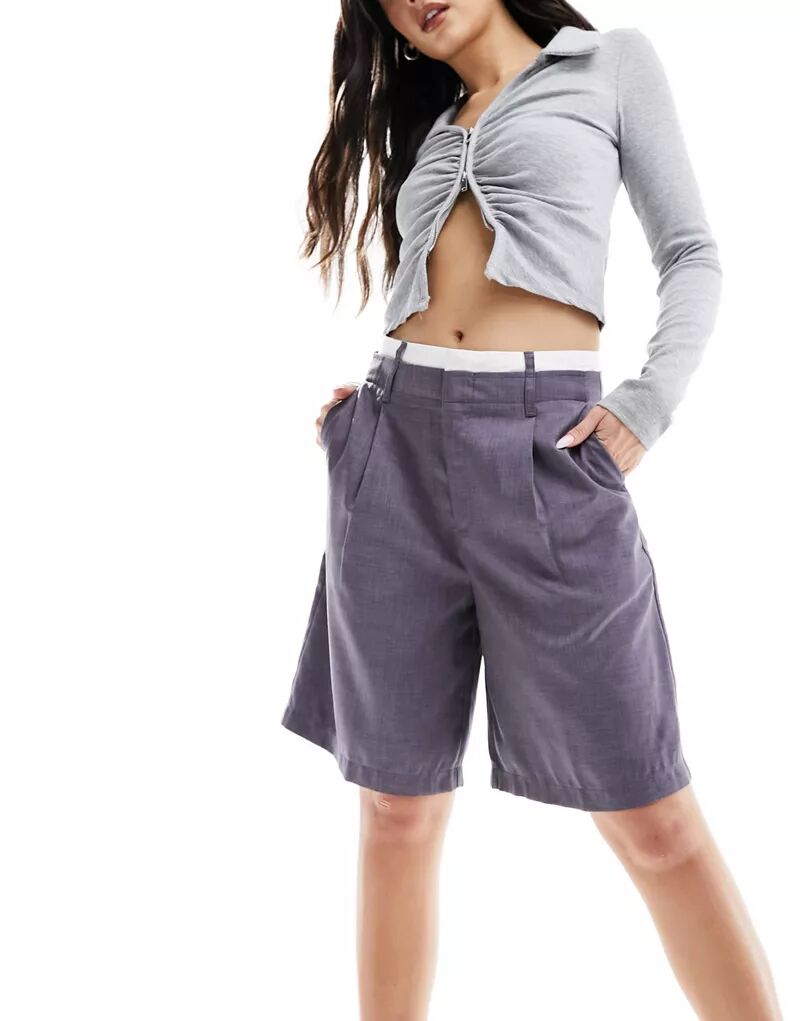 Bershka – Элегантные длинные шорты серого цвета с поясом-боксером, комбинированная модель длинные женские дизайнерские серьги с натуральным гематитом серого цвета