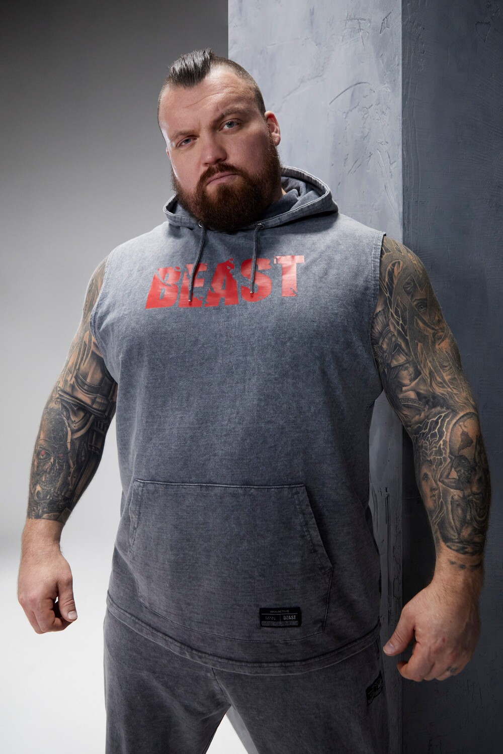 

Мужская худи без рукавов acid wash man active beast Boohoo, угольный