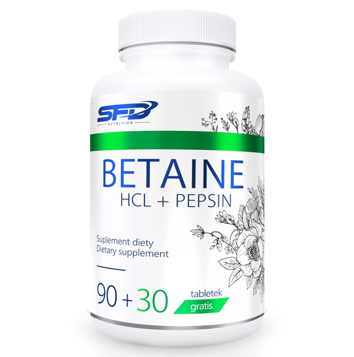 SFD Betaine HCL + Pepsinпищеварительная помощь, 120 шт. высокоэффективный бетаин гидрохлорид с пепсином high potency betaine hcl with pepsin 650 мг 250 капсул solaray