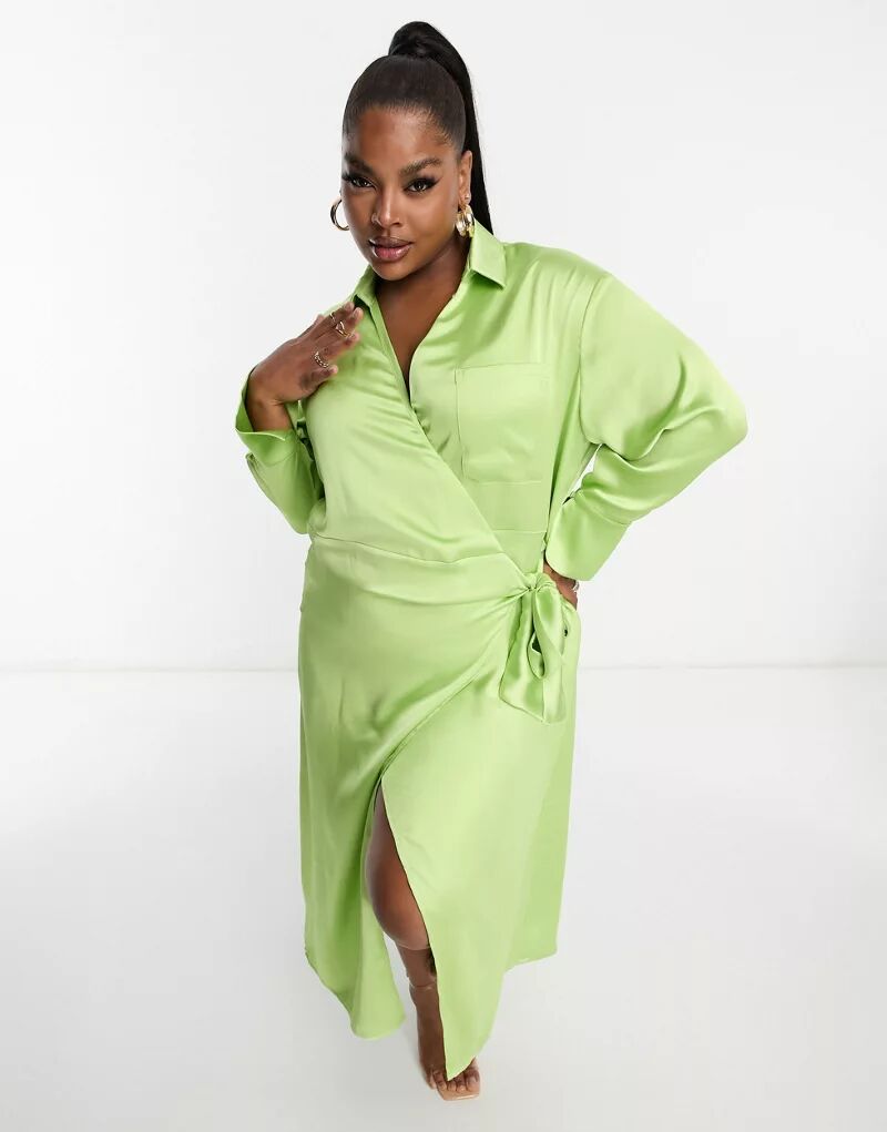 Платье-рубашка средней длины с запахом Pretty Lavish Curve яблочно-зеленого цвета