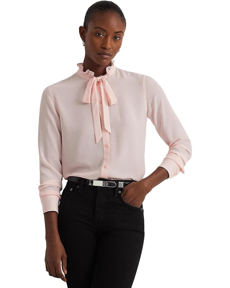 

Рубашка LAUREN Ralph Lauren Classic Fit Georgette Tie-Neck Shirt, розовый