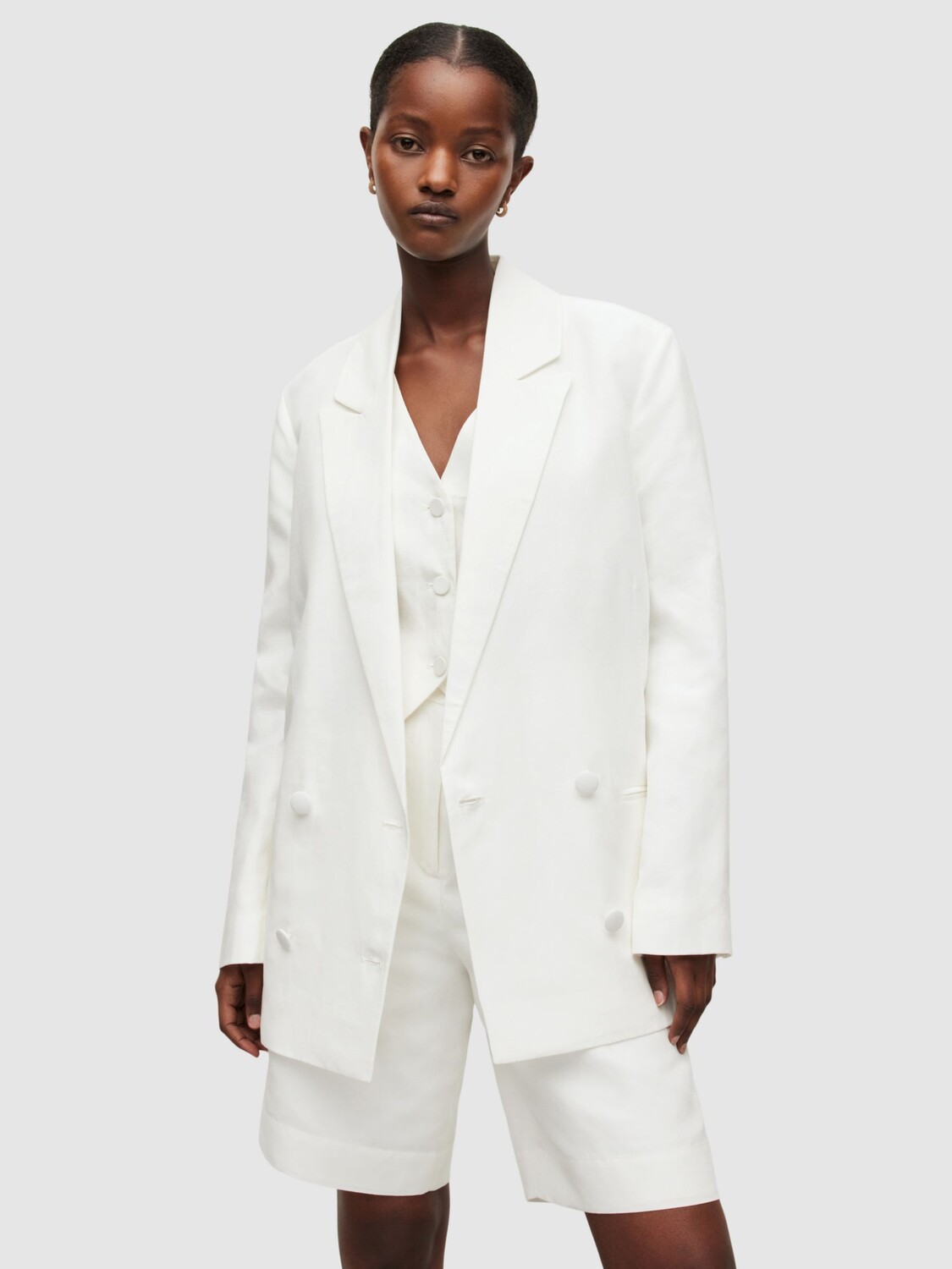 

AllSaints Petra Двубортный льняной блейзер, Off White
