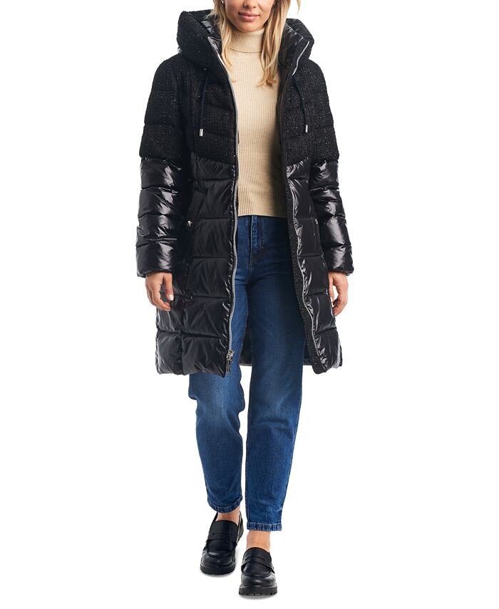 

Женское пуховик смешанной техники с поясом и капюшоном Vince Camuto, черный