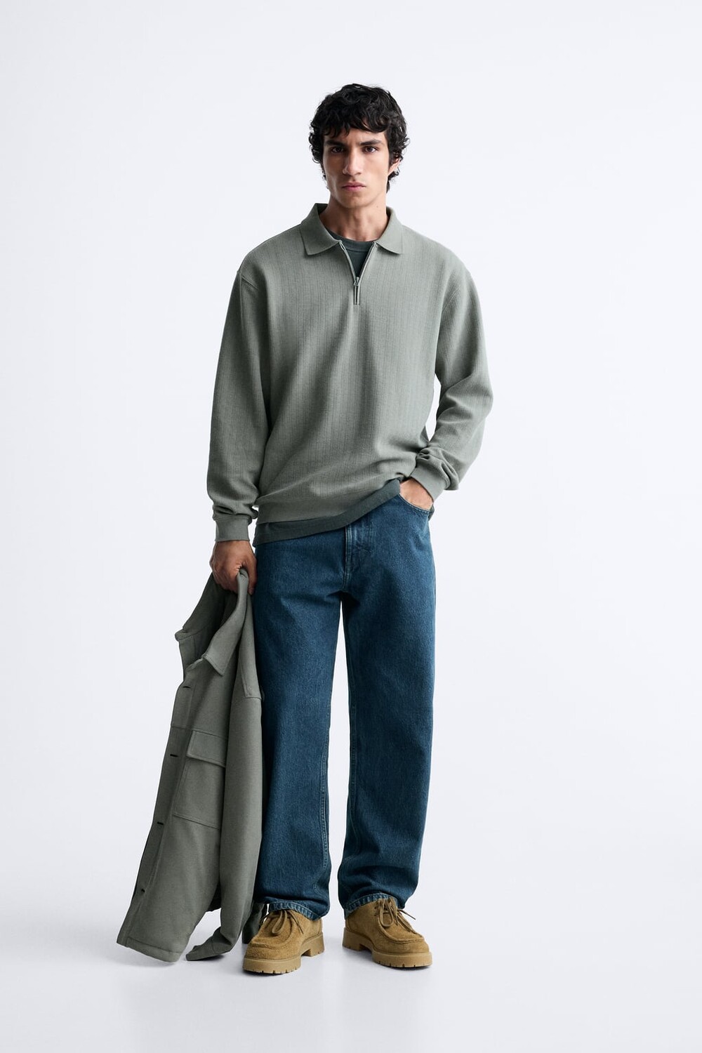 

Рубашка-поло из фактурной ткани на молнии ZARA, зеленый
