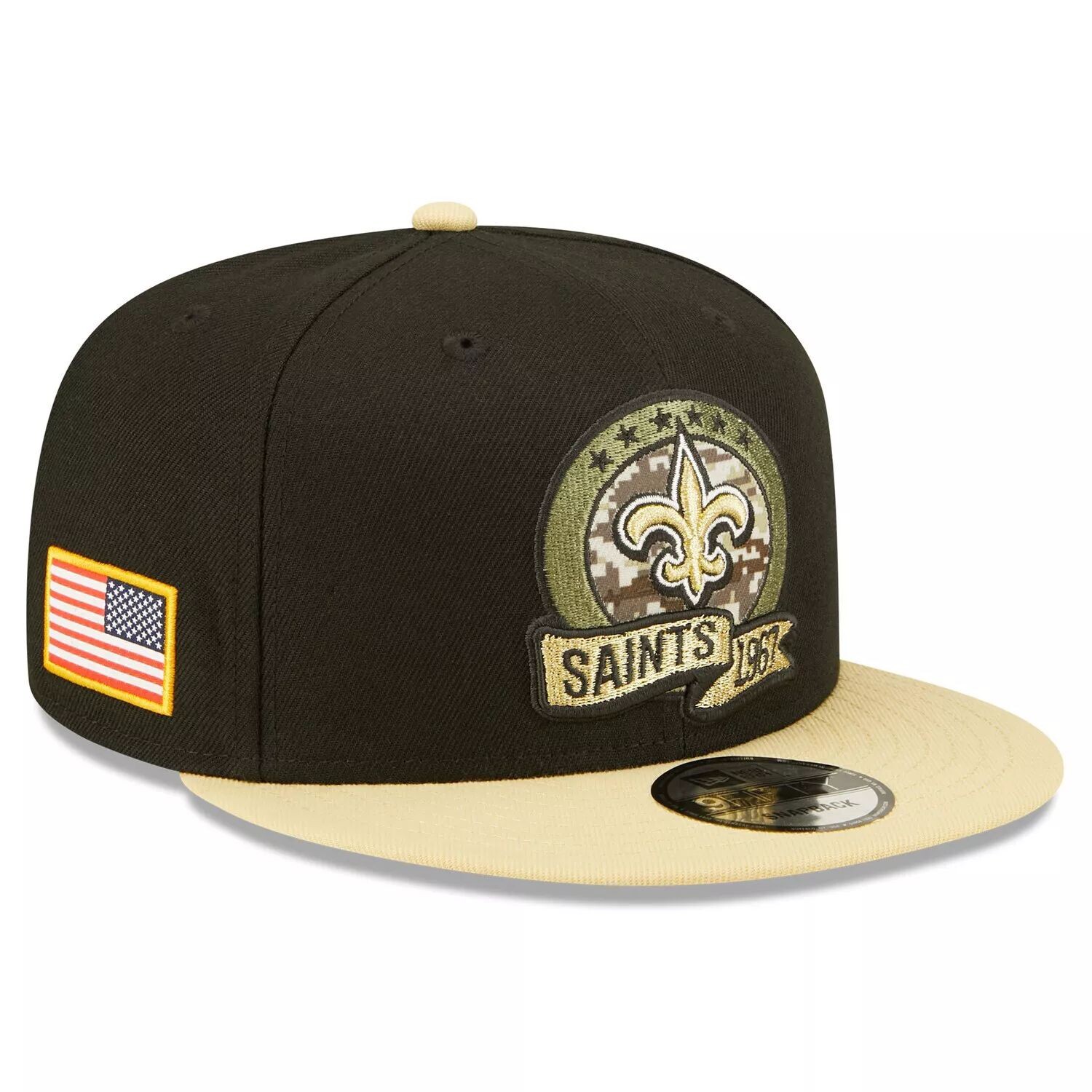 

Мужская кепка Snapback New Era Black/Vegas Gold New Orleans Saints 2022 Salute To Service 9FIFTY