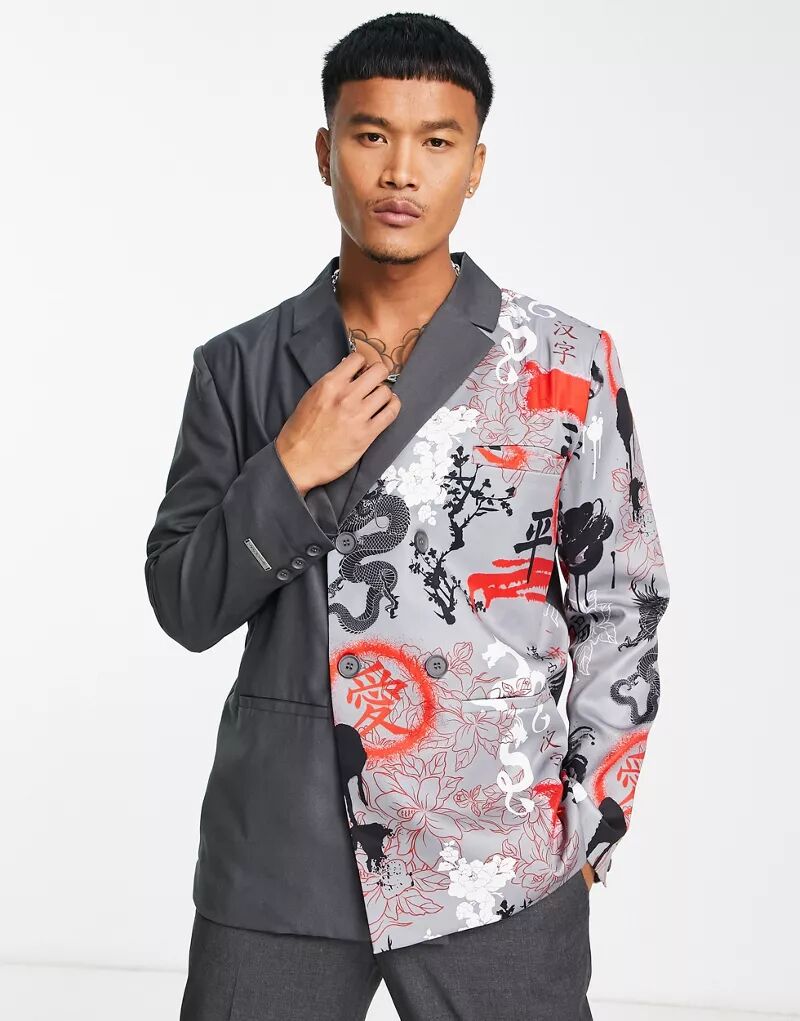 Серый двубортный пиджак оверсайз с принтом дракона Liquor N Poker серая плиссированная рубашка liquor n poker с принтом ангелов